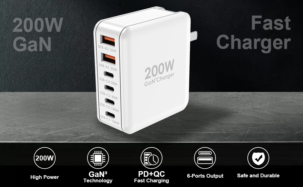 Bikkon 6 Ports 200W GaN Wall Travel Charger