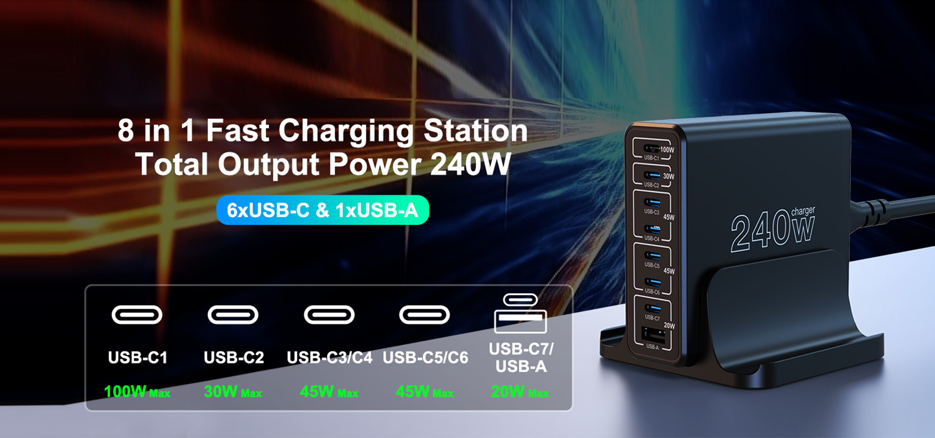 240W 8 Ports 7C1A Desktop Charging Station